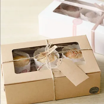 

10pcs Kraft Paper cake box with pvc window Cookies Biscuit cupcake packaging paper box kraft paper gift packaging box for cake 2