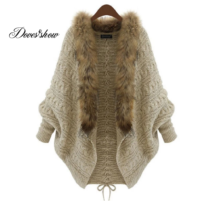 

Women Oversized Faux Fur collar Poncho Cardigans Sweater Knitted Long Mujer Casual Women Autumn Winter Warm Sweaters Jacket