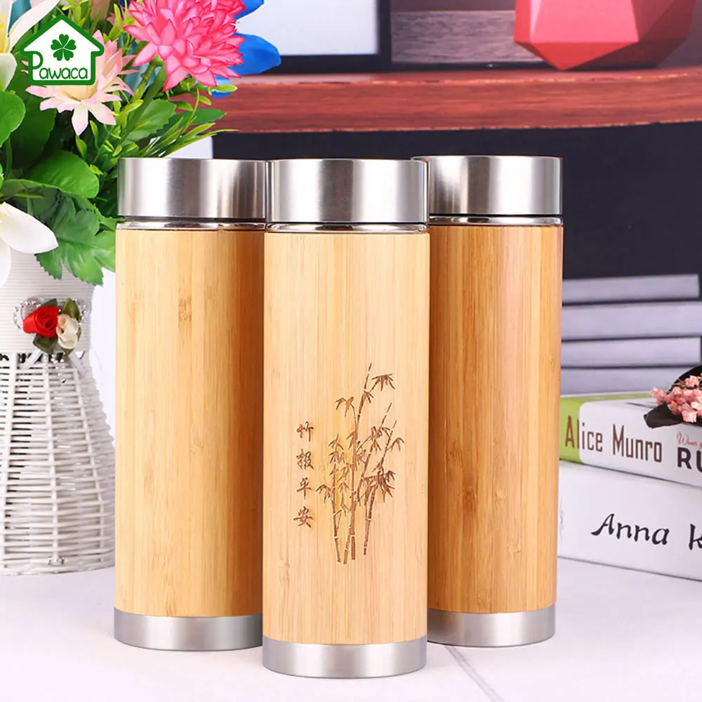 

360ml/450ml Bamboo Thermos Cup Vacuum Insulated Tea Cup with Lid Tea Strainer Stainless Steel Mug Water Bottle for Travel Office