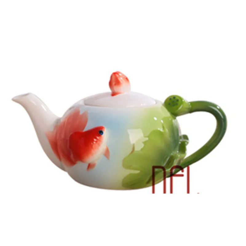 

New 3D Enamel Fish Lotus Coffee Tea Pot Creative Porcelain Kettle Ceramic Bone China Drinkware Free shipping