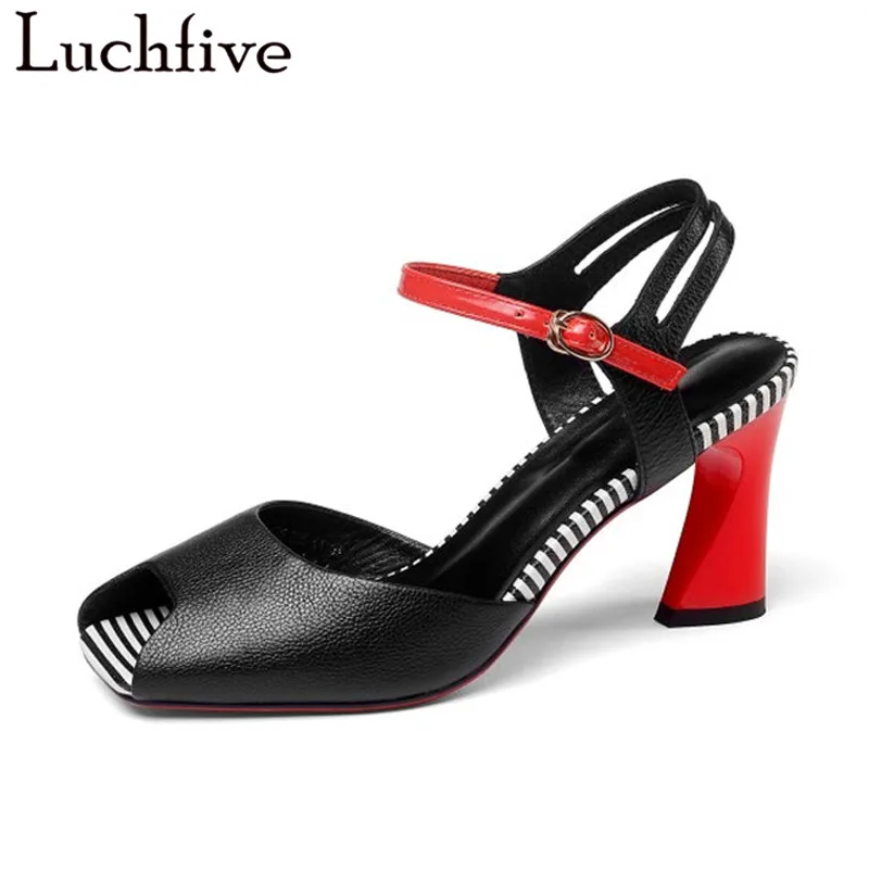 

Stripe high heels Women Pumps genuine leather summer sandals peep toe ankle strape 2018 fetish sexy ladies Shoes zapatos mujer