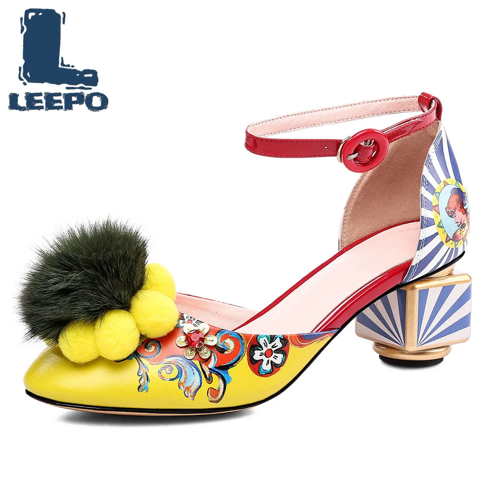 

LEEPO Shoes Women High Heels Sandals Handmade Prints Pumps Women Graffiti Wedding Shoes Female Hairy Sandals Summer Sandalias