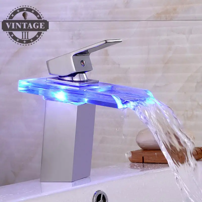 LED Color Changing Glass Chrome Water Tap Waterfall Spout Bathroom