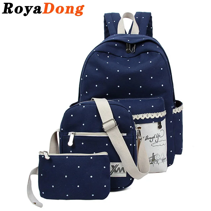 RoyaDong Women Printing Backpacks Set School Bags For Teenage Girls Canvas Dot Windmill Printing Lace Book Bag 2016