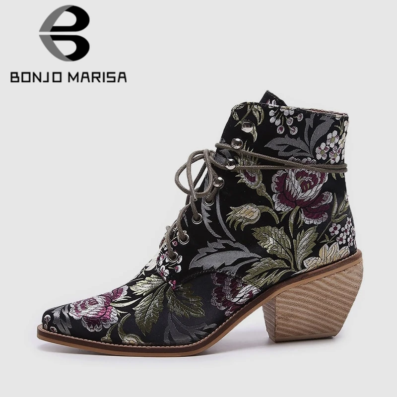 

BONJOMARISA 2019 New Brand Design Runway Embroider Ankle Booties Women Silk Flowers High Wide Heels Shoes Woman 35-43