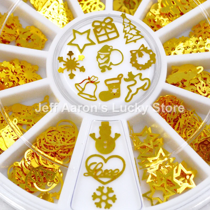 

12 Shapes Gold Metal Halloween Christmas Nail Art Decorations Slice Nail Foil Decals Fake Nails Accessoires Wheel Manicure Set