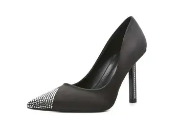 

2019 Newest Crystal Thin Heels Woman Shoe Black Silk Sexy Pointed Toe Dress Heels Super High Office Lady Pumps
