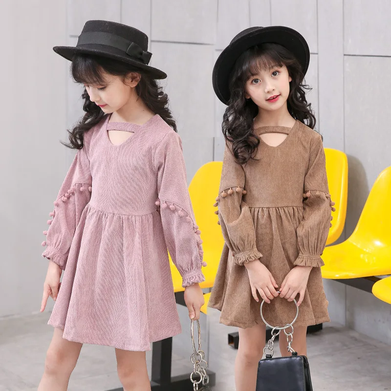 

2019 spring girls corduroy dress fashion sweet children princess dress bow waist long sleeve girls kids dresses for girls
