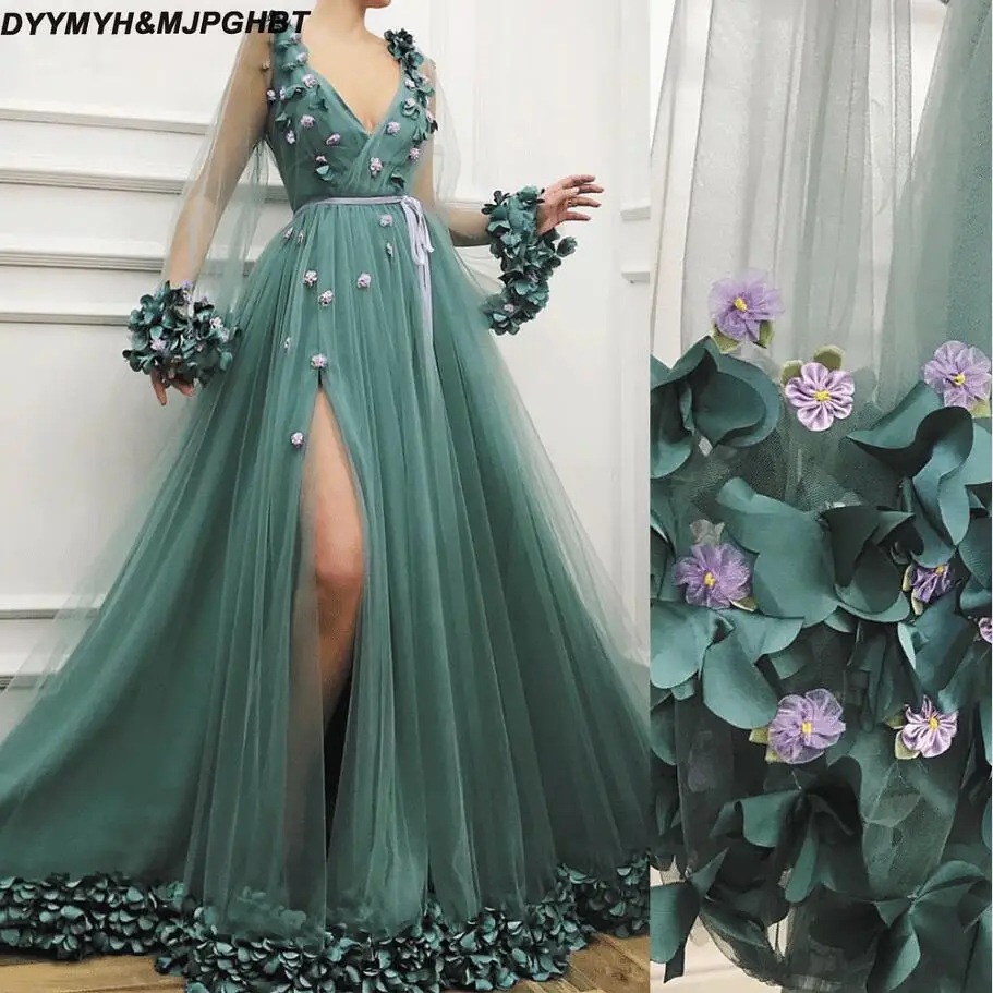 Long Abendkleider Green Arabic Dubai Woman Evening Dress 2018 with Slit Formal Elegant Prom Party Gown Robe De Soiree1