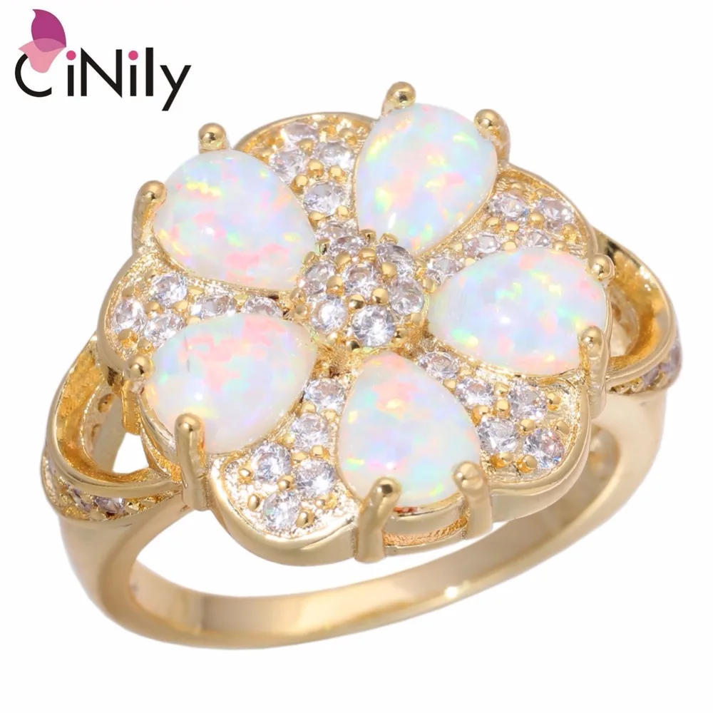 

CiNily White Fire Opal Stone Luxury Large Filled Rings Yellow Gold Color Flower Flora Spring Cocktail Fully-Jewelled Female Gift