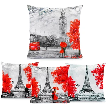 

2019 New Cushion Cover Linen Throw Pillow Covers Black & Red Paris Eiffel Tower Modern Couple Style Decorative Pillow Cases