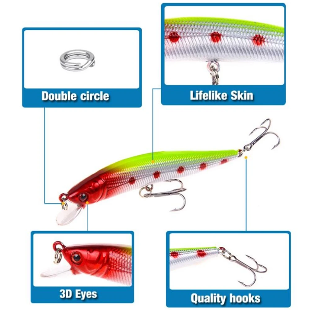 1 unids/lote señuelo de Pesca 3D ojos flotando Minnow Aritificial láser Wobblers Crankbait de plástico duro de Pesca 6 gancho de Pesca