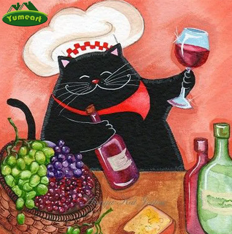Needlework Diamond Embroidery Cartoon Black Cat Drinking Wine Pattern