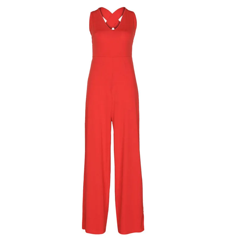 Summer Sleeveless elegant jumpsuit Womens V-Neck Solid Backless Long Playsuit Ladies Sexy loose Jumpsuit Red Clothes R04 (10)