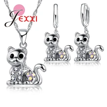 Простая Мода милый мультфильм кубического циркония камень кошка кулон ожерелье серьги 925 пробы серебряные Ювелирные наборы Bijoux