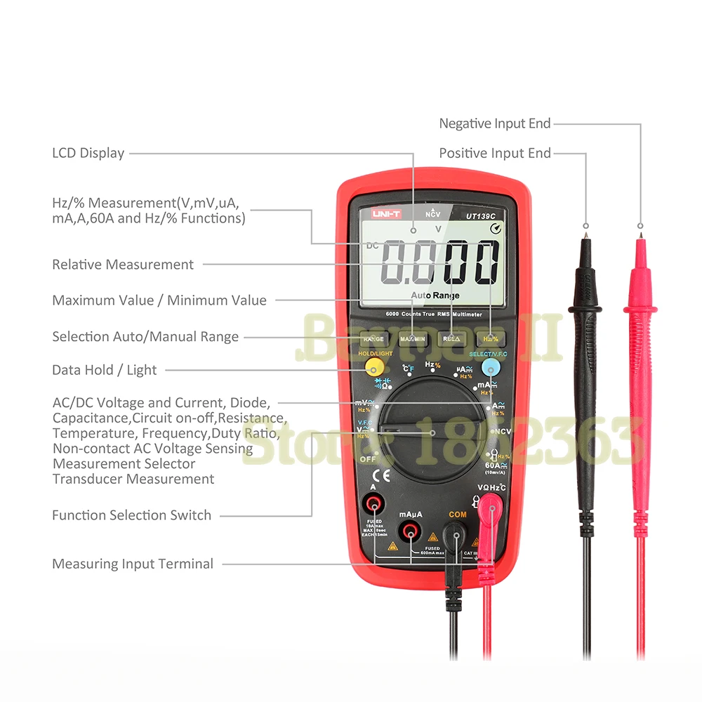 UNI-T UT139C Цифровой мультиметр 6000 отсчетов истинный среднеквадратичный тестер с измерением температуры и сумкой для переноски и парой зажимов типа «крокодил»