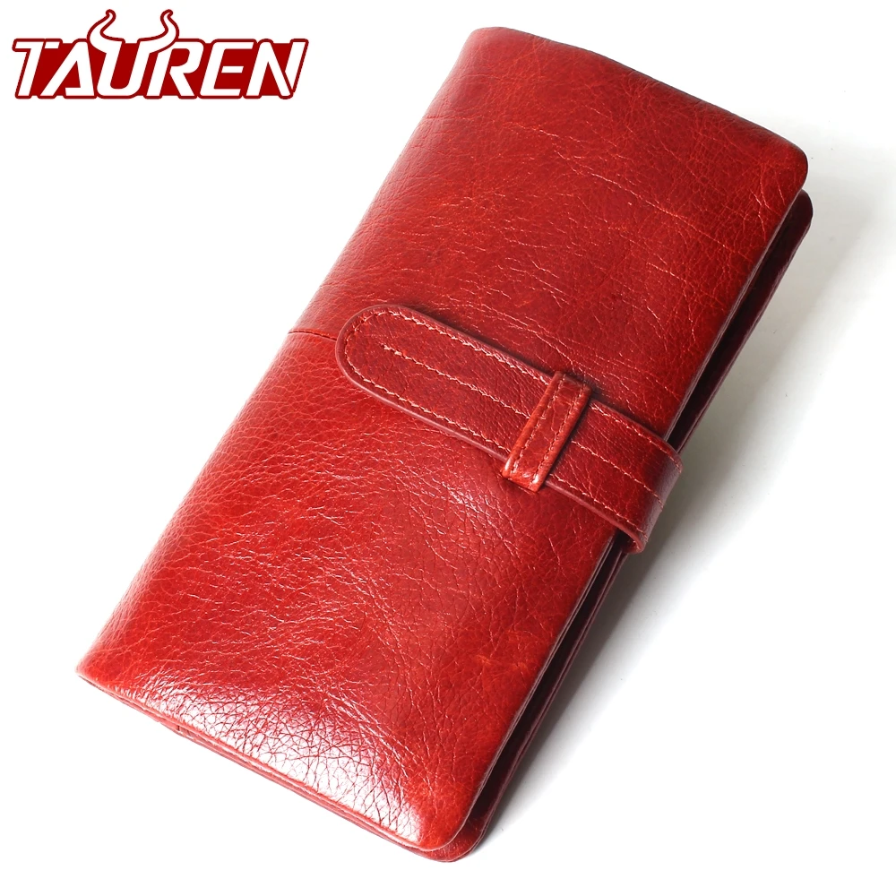 Women Fashion RFID Red Color Long Wallet Genuine Oil Wax Cowhide Leather Bifold Wallets Purse Vintage Designer Coin Purse Women Fashion RFID Red Color Long Wallet Genuine Oil Wax Cowhide Leather Bifold Wallets Purse Vintage Designer Coin Purse