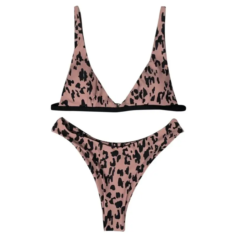 

Womens Sexy Two Piece Bikini Set Vintage Leopard Pattern Printed Swimsuit Deep V-Neck Push Up Padded Bra Low Waist High Cut Tria