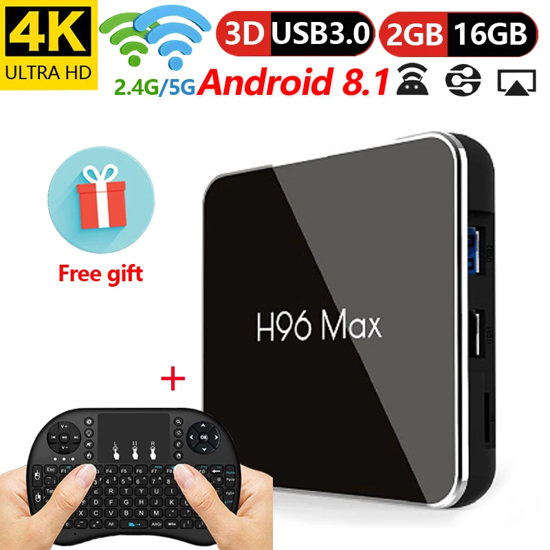 Android 8,1 ТВ коробка H96 MAX Amlogic S905X2 2 GB 16 GB 4 ядра 2,4G + 5 ГГц Wi-Fi USB 3,0 H.265 4 K Media Player Smart Декодер каналов кабельного телевидения