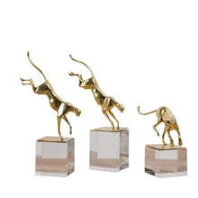 Satin Gilded Miniature of Leopard / Cougar Catamout Decor with Transparent Crystal Base / Golden Ornamental Jaguar or Pancer