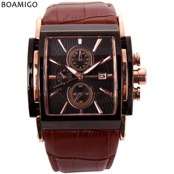 

Men's Sport Watch Rectangular Large Dial Fashion Casual Sports Quartz Rose Gold Sub Dials Clock Brown Leather Wrist Watches
