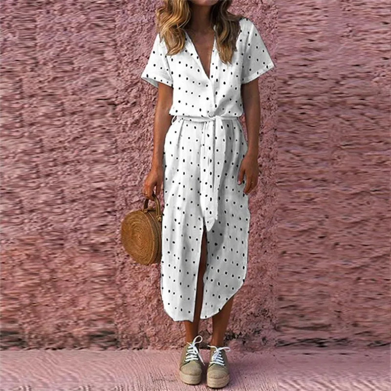 

JAYCOSIN Summer Dress Womens Sexy Casual Daily Bow Tie V Neck Dot Button Short Sleeve Soild Long Dress Fashion New Casual Dress