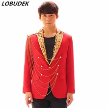 Мужской деловой костюм в английском стиле, куртки, приталенный красный пиджак с пуговицами и цепочкой, Мужская Главная сцена, костюм певицы