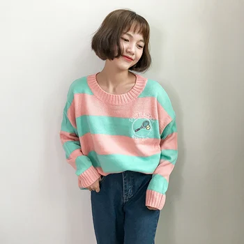 

Preppy Style Striped Cute Loose Winter Women Harajuku Kawaii Sweaters and Pullovers Autumn Ladies Knitwear Outwear
