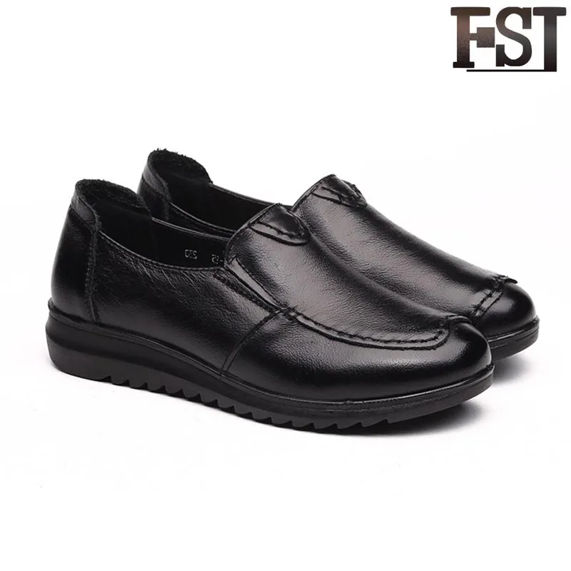 

FSJ Genuine Leather Ladies Woman Lace-Up Bonded Leather Flats Solid Spring/Autumn Sewing Short Plush Low Heel Cross-tied Loafer
