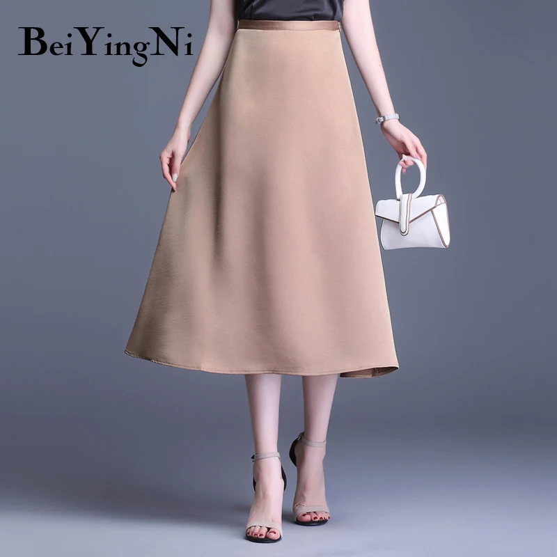 Beiyingni атласная винтажная Женская юбка, летняя тонкая трапециевидная Однотонная юбка миди, Повседневная Ретро офисная Saias Rokken Корейская Falda