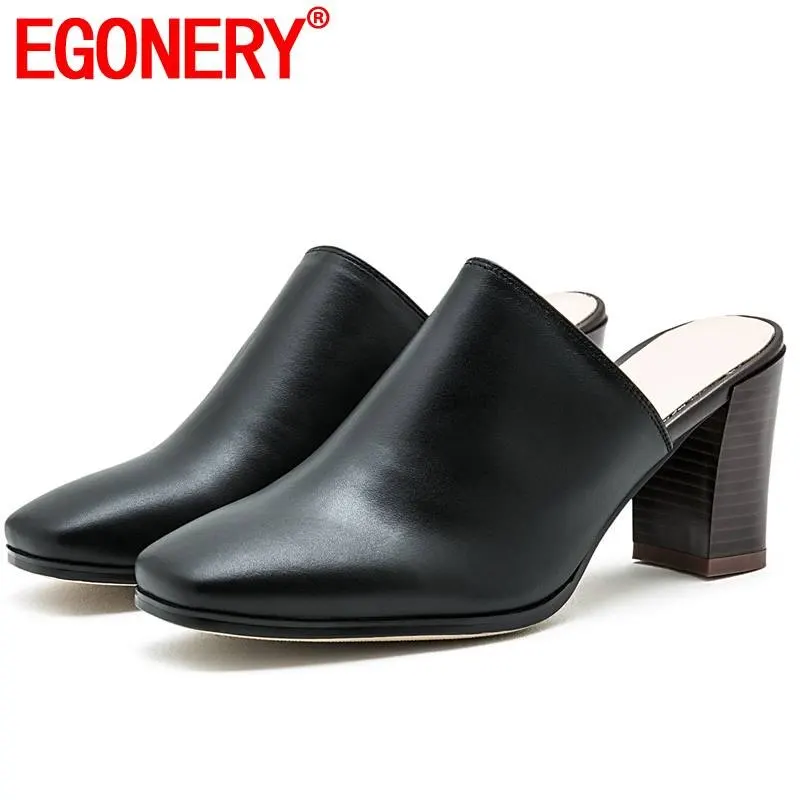 

EGONERY fashion women slippers summer genuine leather office work square toe 2019 summer sandals 7.5cm high heels mules shoes
