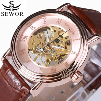 

SEWOR Luxury Brand Classic Hollow Mechanical Men's Watches Rose Gold Leather Fashion Sports Skeleton Watch Reloj Hombre 2017 New