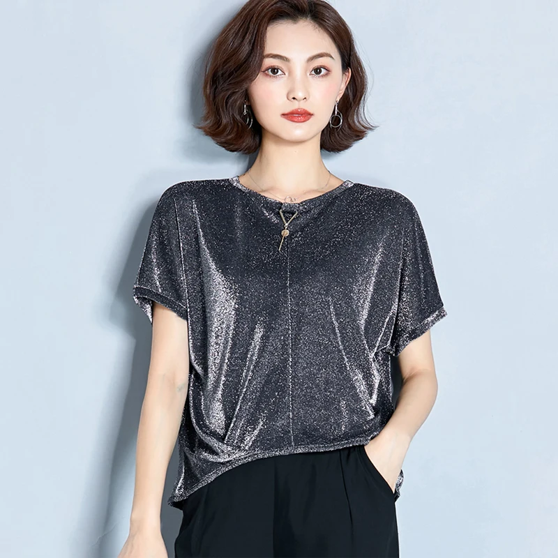 

New Chiffon Shirt Elegant Bright Silk Short Sleeve Flash Female Trend Casual Korean O Neck Elasticity Women Blouse Plue Size 3XL