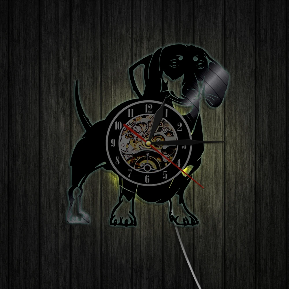 Günstige Dackel Hund Vinyl Wanduhr Hund Welpen Tier Uhr Wirehaired Dackel Pet Shop Wand Kunst Dekor Geschenk Für Haustier Liebhaber