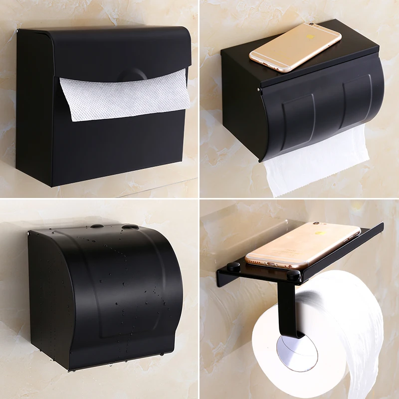 

Antique Black 304 Stainless Steel Toilet Roll Paper Rack with Phone Shelf Wall Mounted Bathroom Tissue Box Holder