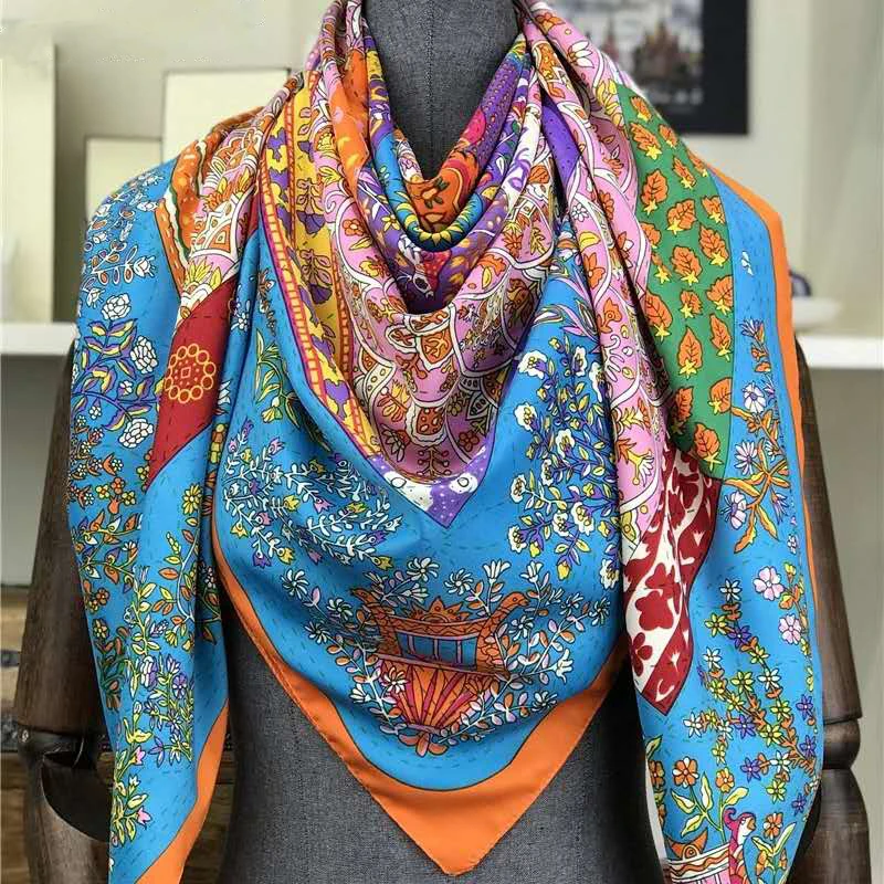 Саржевый шелковый шарф женский шаль с принтом Echarpe Fourlard Femme квадратные шарфы для женщин хиджаб банданы Bufandas Mujer 130*130 см