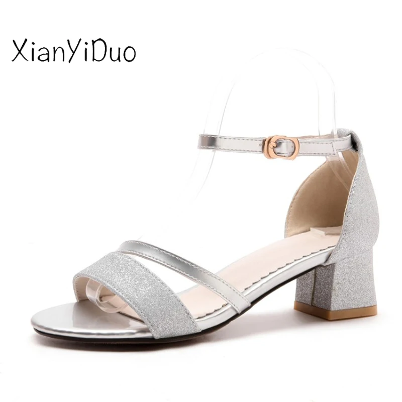 

Xianyiduo 2018 Elegant Summer Women's Shoes med heels Open Toe Sandals Bling ankle-wrap Big Size 34-52 Pink Gold Silver /18-1