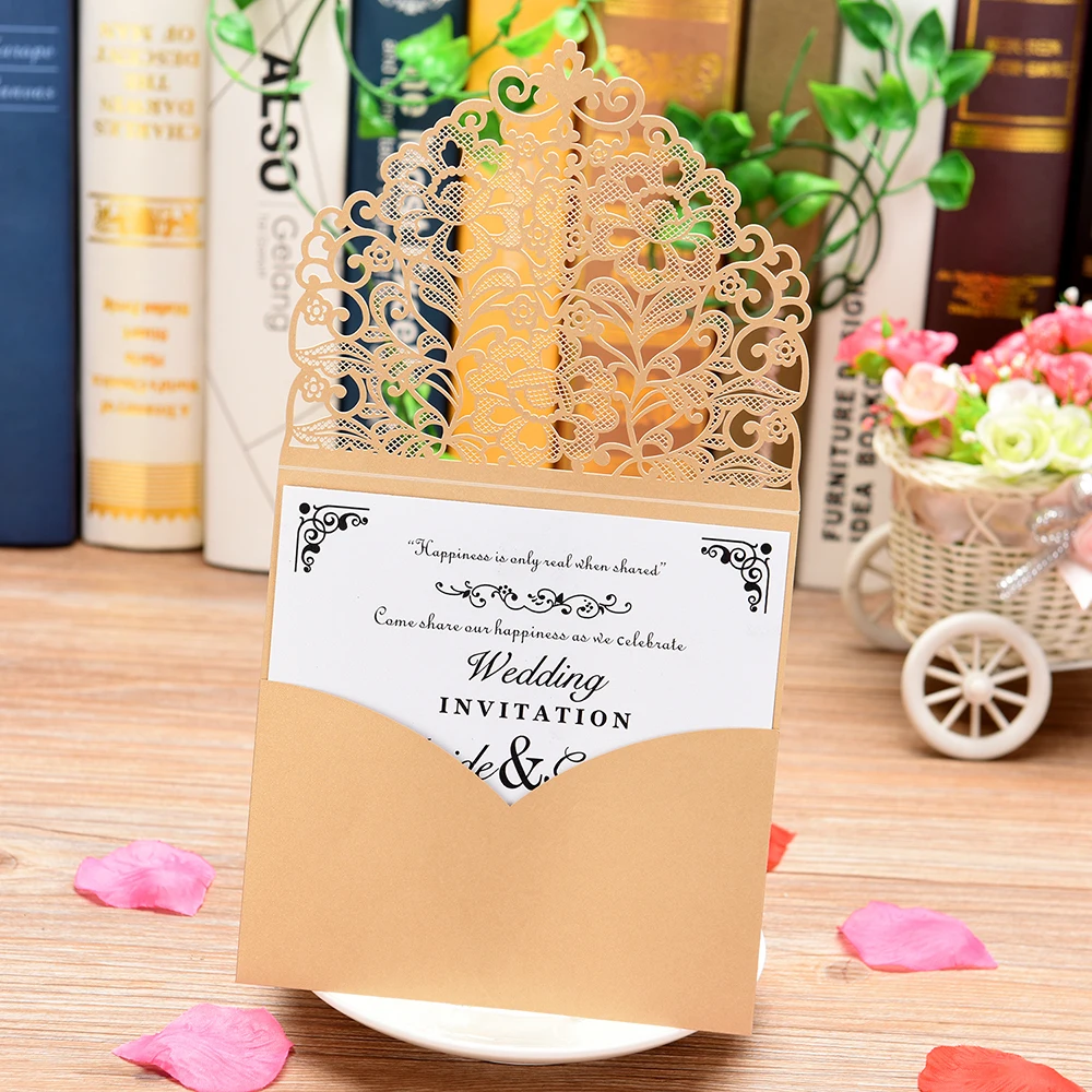  5 PCS Laser Cut Wedding Invitations Cards Blank Luxury Lace Flower Pattern Invite Card for Marriage - 4.00003E+12