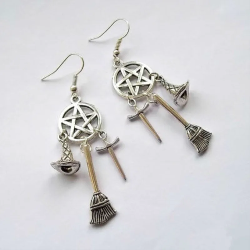 

1 Wiccan Charm, Pagan, Witches Earrings, Sword, Witches Hat, Pentacle Drop Earring