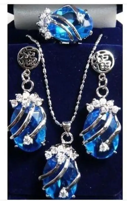 

NEW FASHION blue Zircon pendant earrings ring 8# set>^^1>18K gold plated watch Quartz stone CZ crystal