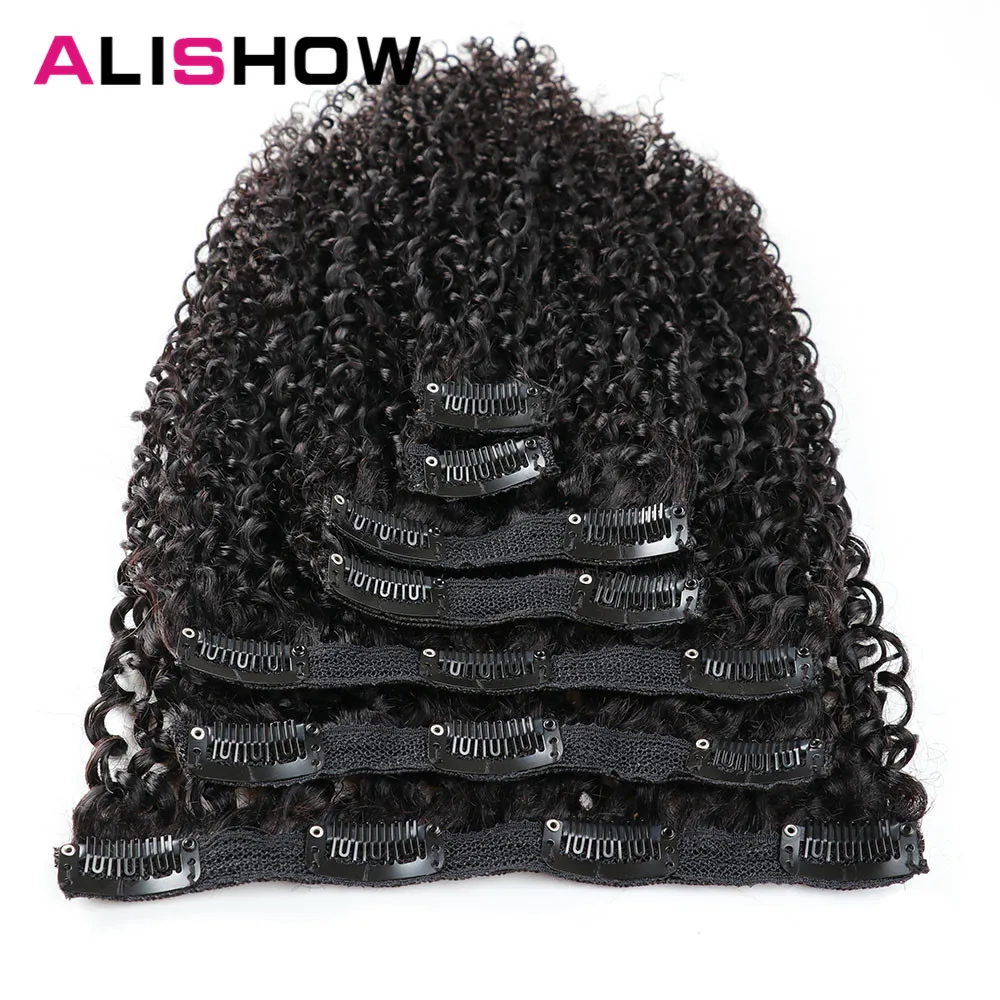 Alishow Indian Afro Kinky Curly Weave Remy Hair Clip In Human Hair Extensions Natural Color Full Head 7Pcs/Set 120G Ship Free