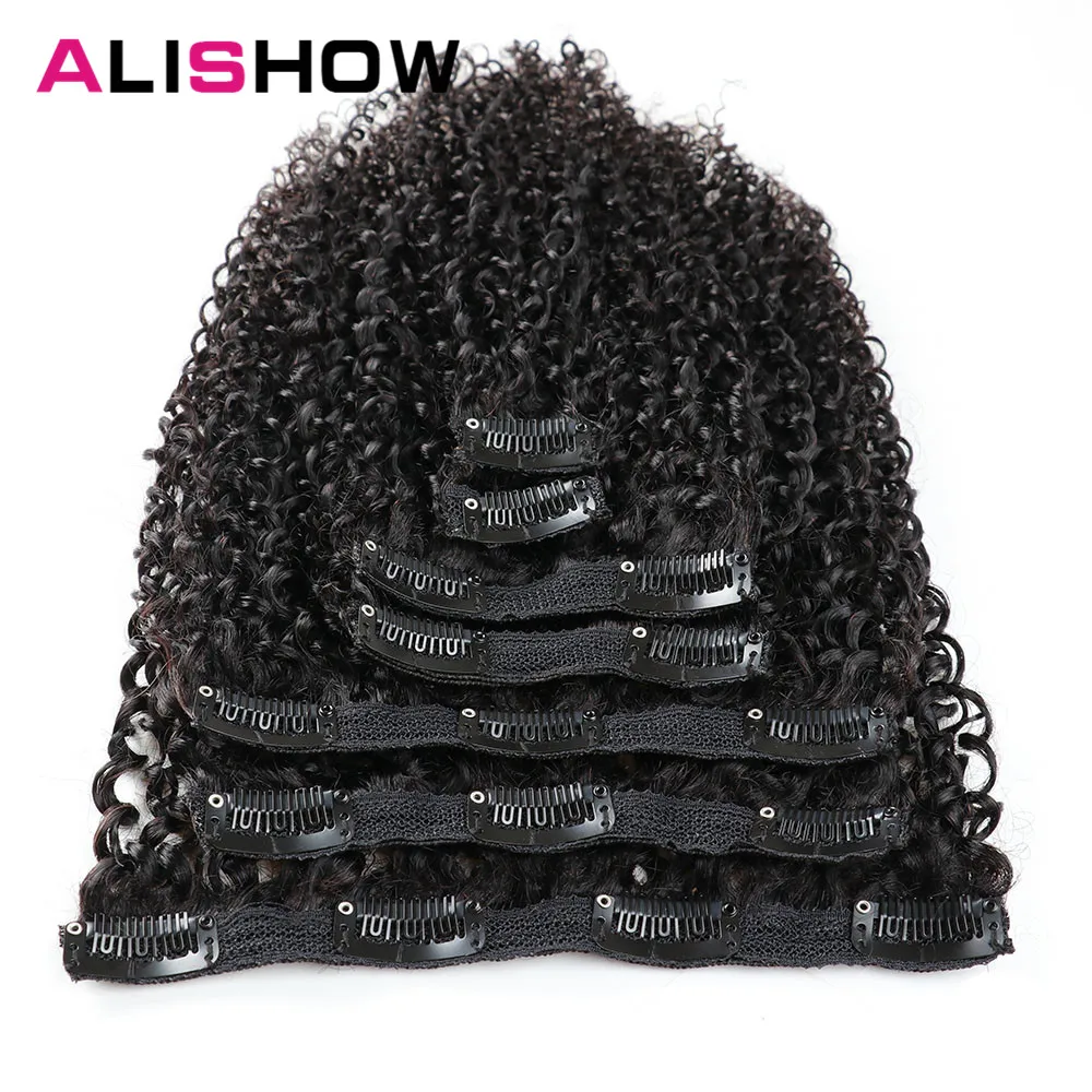 Alishow Indian Afro Kinky Curly Weave Remy Hair Clip In Human Hair Extensions Natural Color Full Head 10Pcs/Set 120G Ship Free