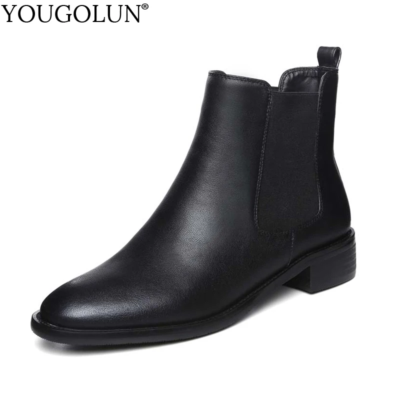 YOUGOLUN Women Ankle Boots Genuine Cow Soft Leather 2017 Autumn Winter Black Square Heel 3 cm Low Heels Round toe Shoes #Y-240