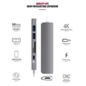 

6-in-1 USB C Hub HDMI Adapter 4K Video with Type-C Power Delivery SD/TF Card Reader USB 3.0 HUB for Pro