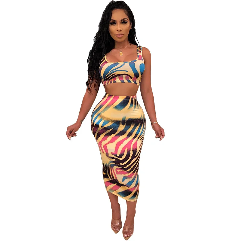

Women's Print Casual Two-Piece Set Sexy Stripe Bodycon Crop Tops + Hip Skirt Suits Female Casual OL Playsuit Nightclub Bodysuits