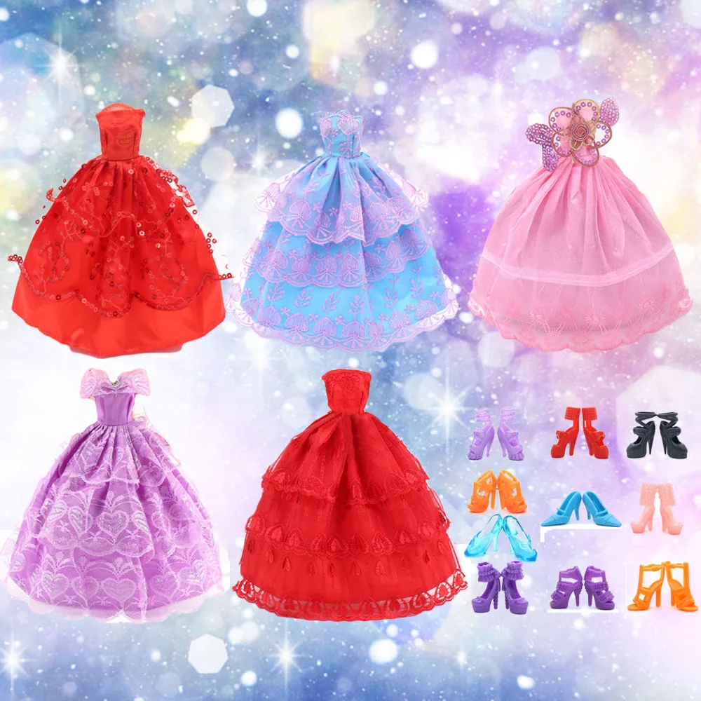 

5 Pcs Fairy Girl Dolls Toys Wedding Party Lace Dresses Gown Outfits Doll 10 Pair Shoes Set Accessories for Barbie Toys Girl Gift