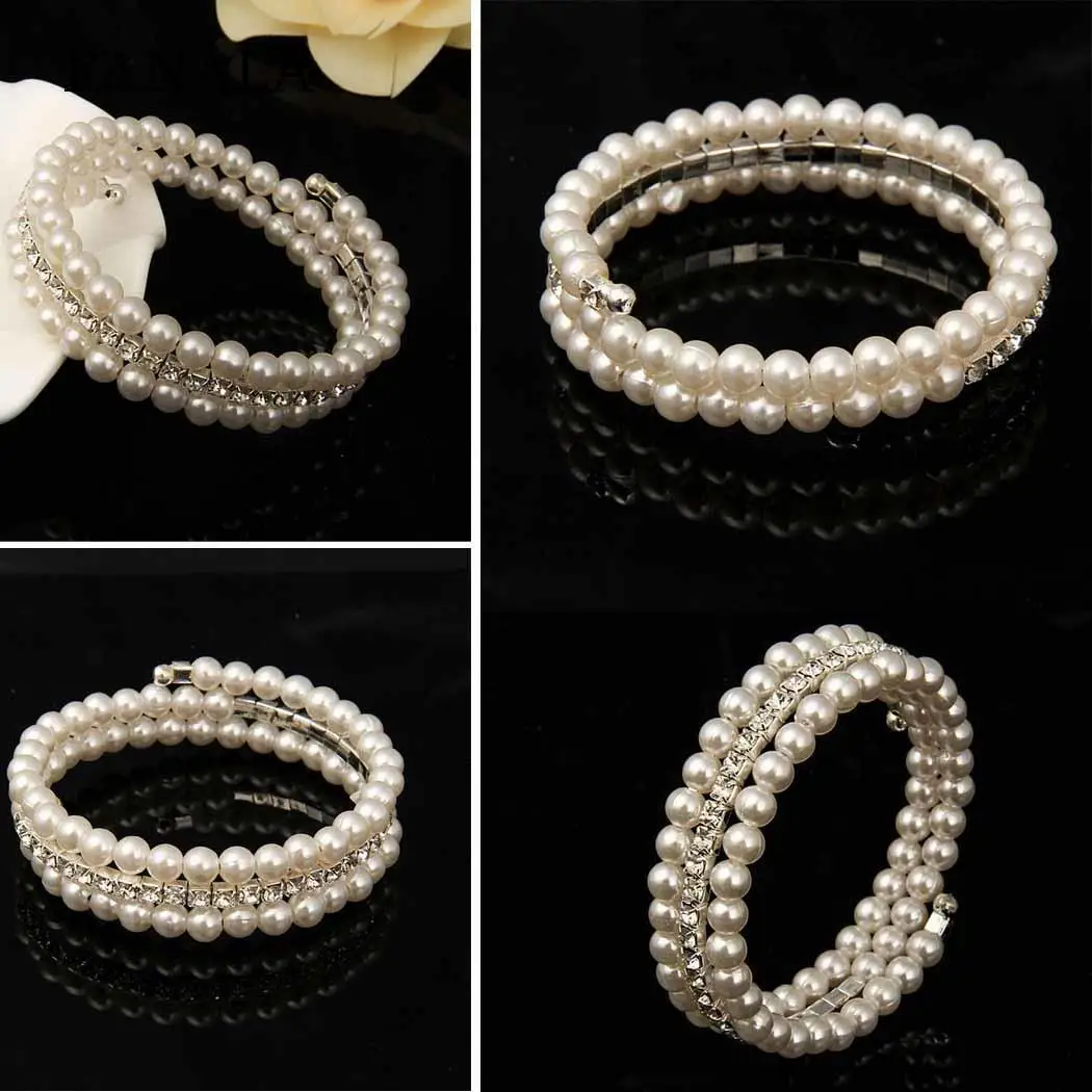 Multilayer Women Fashion Faux Pearl Rhinestone New Open Bangle Bracelet | Украшения и аксессуары