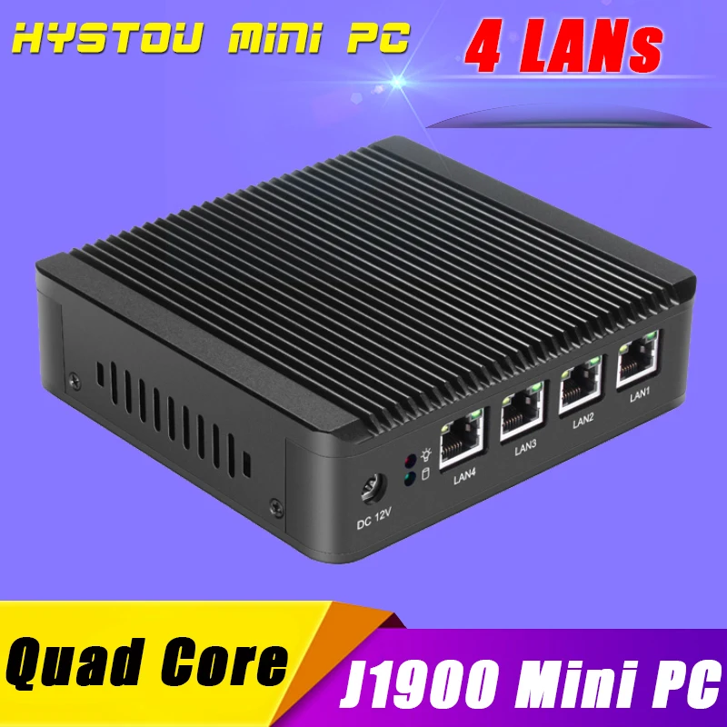 Hystou Fanless Mini PC Windows Bay Trail J1900 2.0G 4 Lan mini Computer