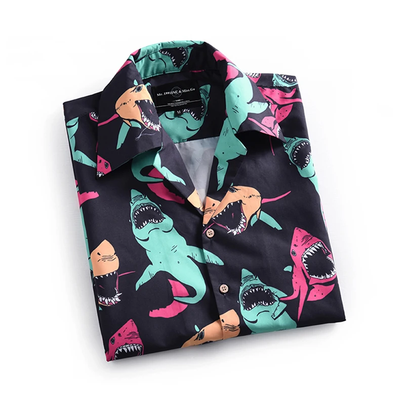 Летние Для мужчин, футболка с коротким рукавом Свободная Гавайская Стиль рубашка Dude на берегу океана курорт рубашка с акулой отложной воротник пляжный топ