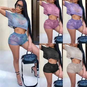 

Sexy Women Two Piece Hollow Mesh Sheer Short Sleeve T-shirt Crop Tops Shorts Tracksuit High Waist Lace-up Shorts Jumpsuit Romper
